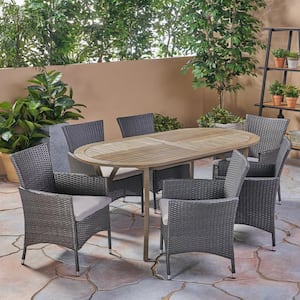 Wyatt Gray 7-Piece Wood and Faux Rattan Outdoor Dining Set with Silver Cushions