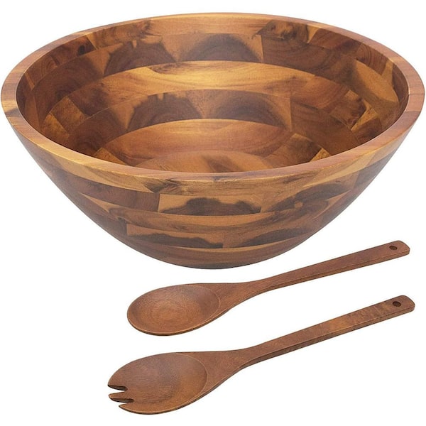 3-Piece 12.5 in. Large Acacia Wood Salad Bowl Set with Serving Utensils, Big Wooden Serving Bowl for Fruits and Salads
