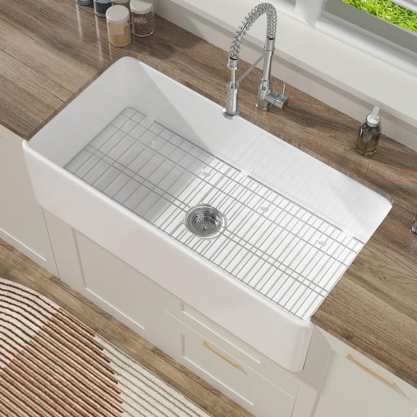 HOMLYLINK 36 in. Undermount Apron Sink Single Bowl Farmhouse Sink Glossy White Fireclay Kitchen Sink with Bottom Grid and Strainer