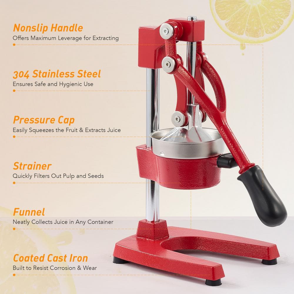 Red Cast Iron Hand Press Citrus Juicer with Stainless Steel Strainer