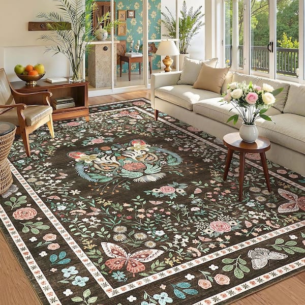 Brown 9 ft. x 12 ft. Washable Tiger Print Rug Ultra-thin Soft Non-slip for Living Room Dining Room Area Rug