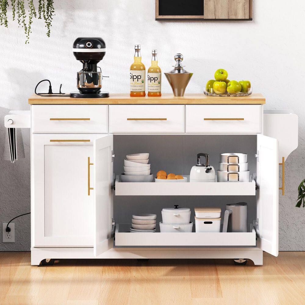 Rolling White Drop Leaf Rubber Wood Top 59 in. Kitchen Island with Power Outlet, Trash Can Storage price history on PriceWatchPro