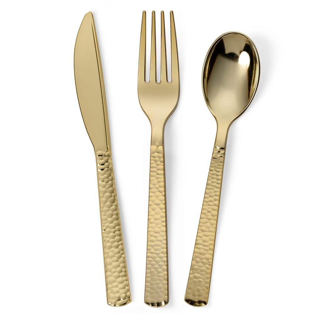 Perfect Settings Tableware 150 Pieces Gold Plastic Disposable Cutlery Set - Metallic Plastic Silverware With A Hammered Finish-50 Sets (Set of 150)