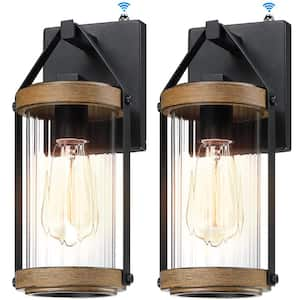 Advanced 13 in. Black and Wood Texture Dusk to Dawn Indoor/Outdoor Hardwired Coach Sconce w/ No Bulbs Included (2-Pack)