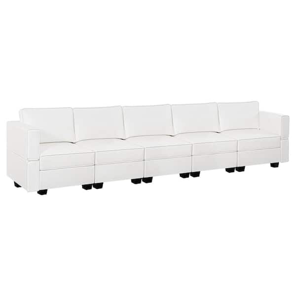 HOMESTOCK 112.8 in. W Faux Leather 8-Seater Living Room Modular Sectional Sofa for Streamlined Comfort in White