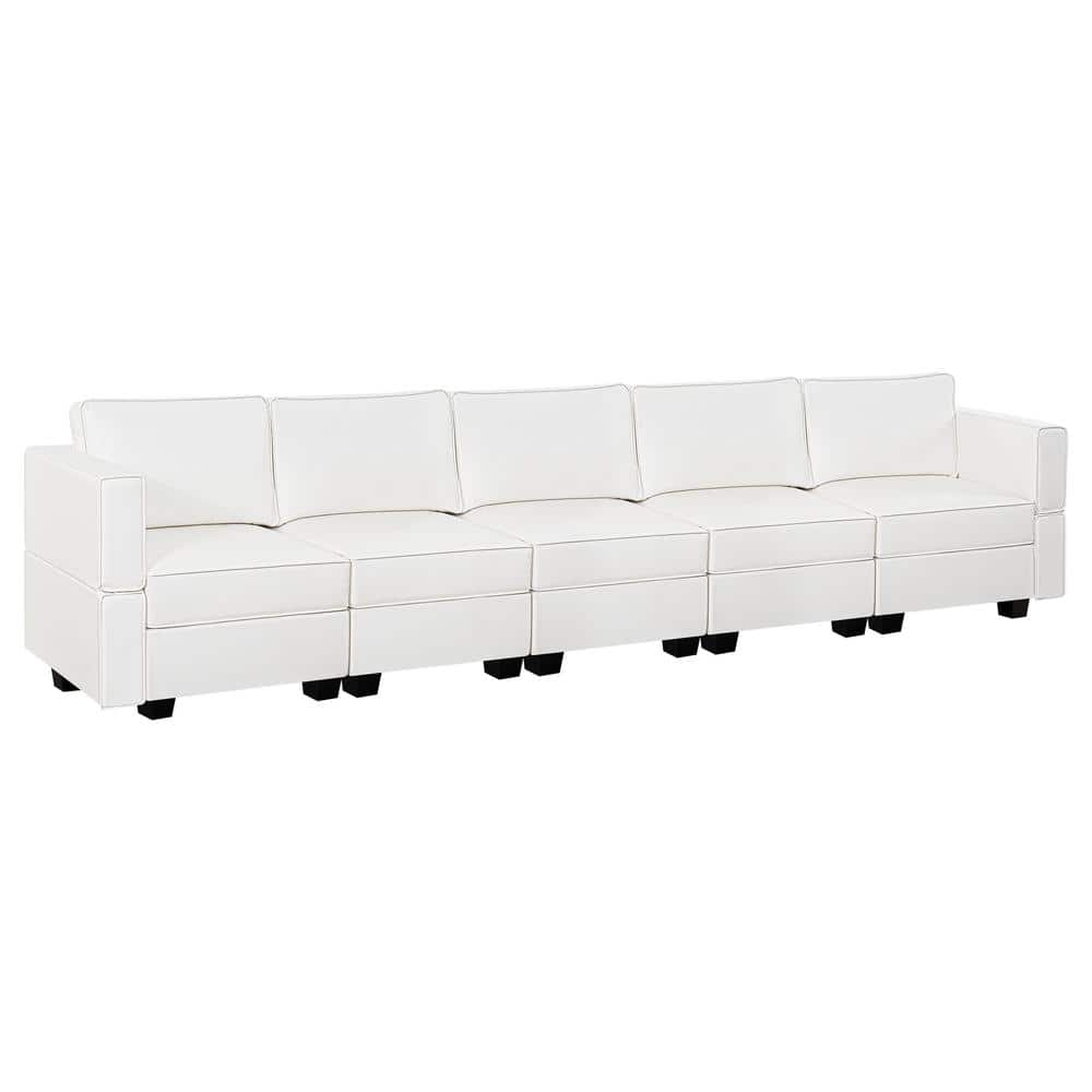 112.6 in. W 1 Piece White Faux Leather 5-Seater with Storage, Sectional Sofa Living Room Suite -  MAYKOOSH, 50092MK