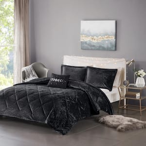 Isabel 4-Piece Black Velvet Full/Queen Soft Velvet Lustrous Comforter Set with Throw Pillow