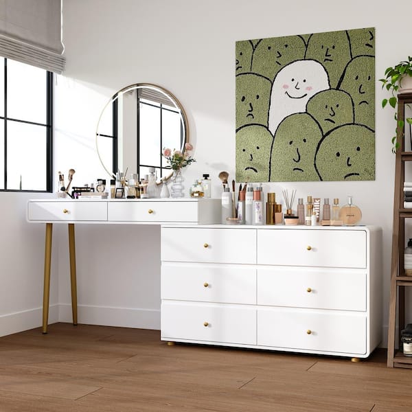 FUFU&GAGA White Makeup Vanity Table Wood Dressing Desk With 8-Drawers, Rotatable Side Drawer Cabinet