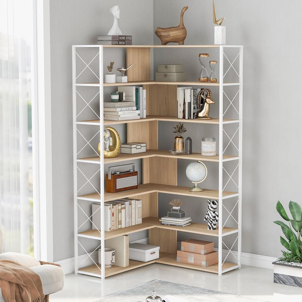 70.9 in. Oak 7-Tier L-Shaped Corner Bookcase with Metal Frame