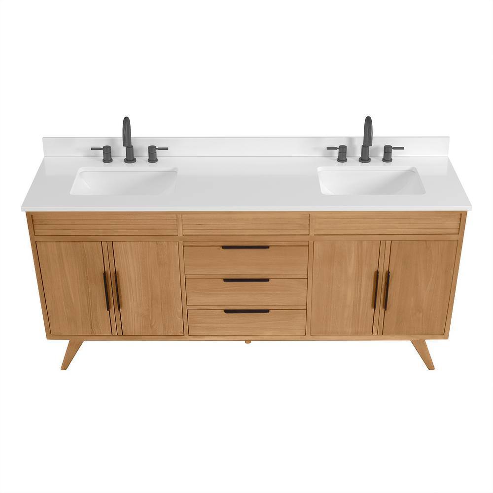 Taylor 73" Natural Teak Double Sink Vanity with White Quartz Top