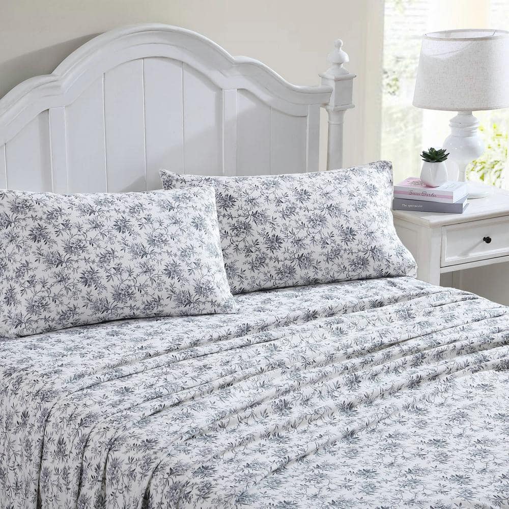 Queen Black Floral Cotton Flannel Sheet Set