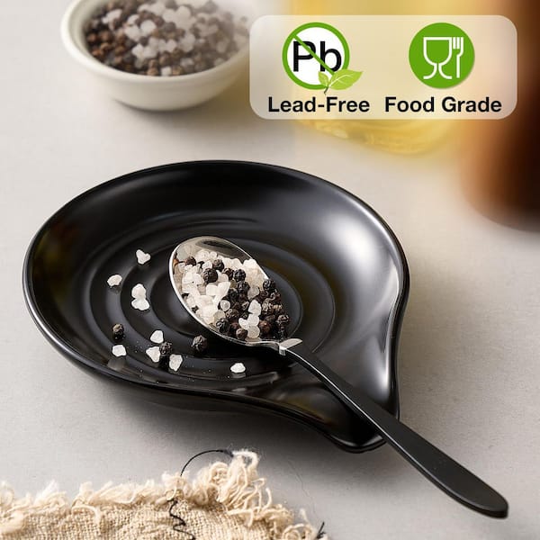 6.1 in. Ceramic Spoon Rest with Coffee Spoon Holder for Stove Top, Kitchen Counter Decor, Spoon, Ladle, Spatula, Black