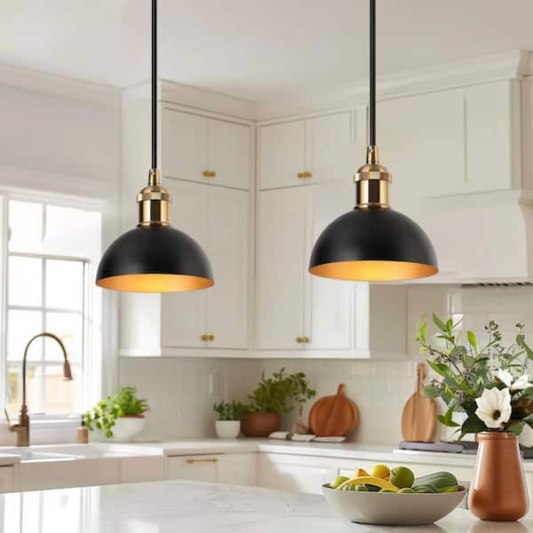 Zevni Modern 6 in. 1-Light Black Pendant Light Fixture, Brass Gold