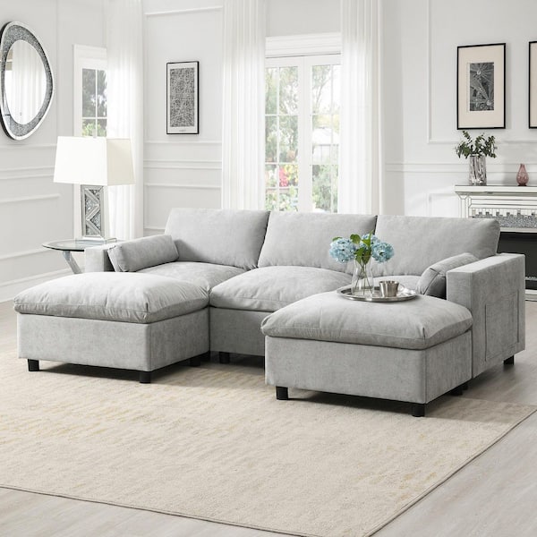 86.5 in. Square Arm Chenille U-Shaped Sofa in Medium Gray with Storage Pockets, 2 Movable Ottoman and Armrest Pillows