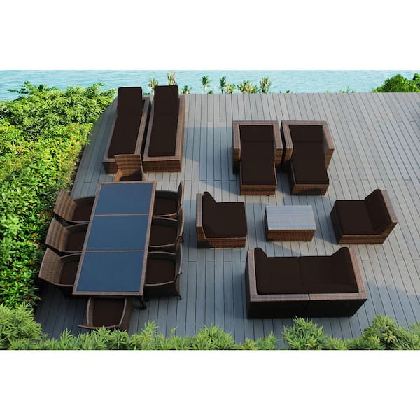 Ohana Depot Mixed Brown 20-Piece Wicker Patio Combo Conversation Set with Sunbrella Bay Brown Cushions