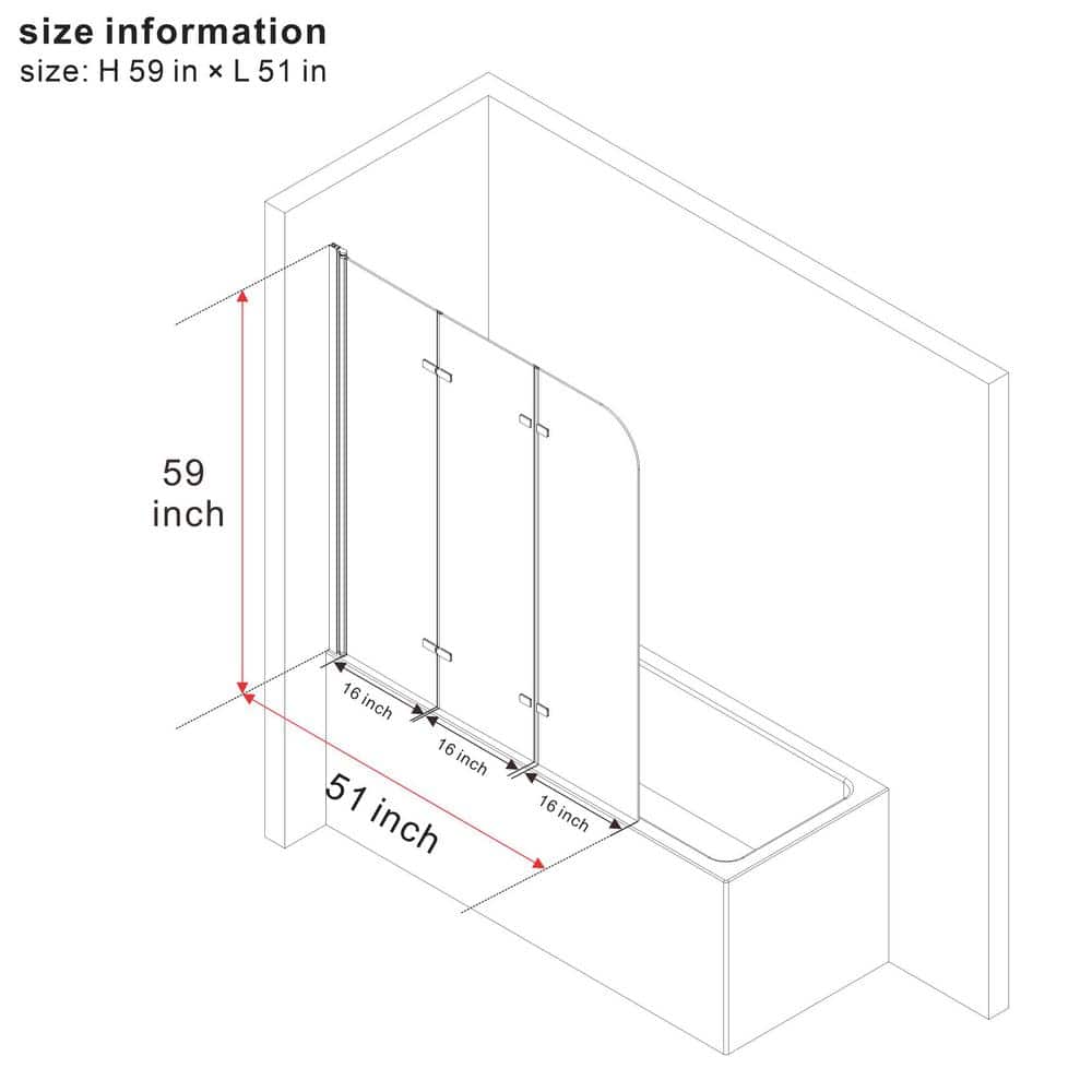 51'' Black Aluminum Frameless Folding Tub Door with Clear Tempered Glass