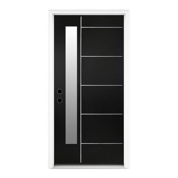 36 in. x 80 in. Right-Hand Flush 6 Lite Frosted Glass Black Finished Fiberglass Prehung Front Door with Threshold, Hinge