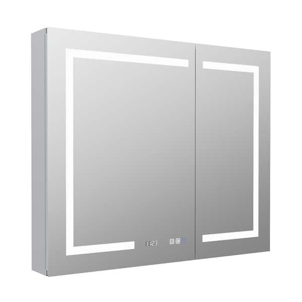 MEDUNJESS 36 in. W x 30 in. H Rectangular Silver Aluminum Recessed/Surface Mount Medicine Cabinet with Mirror LED and Time/Temp