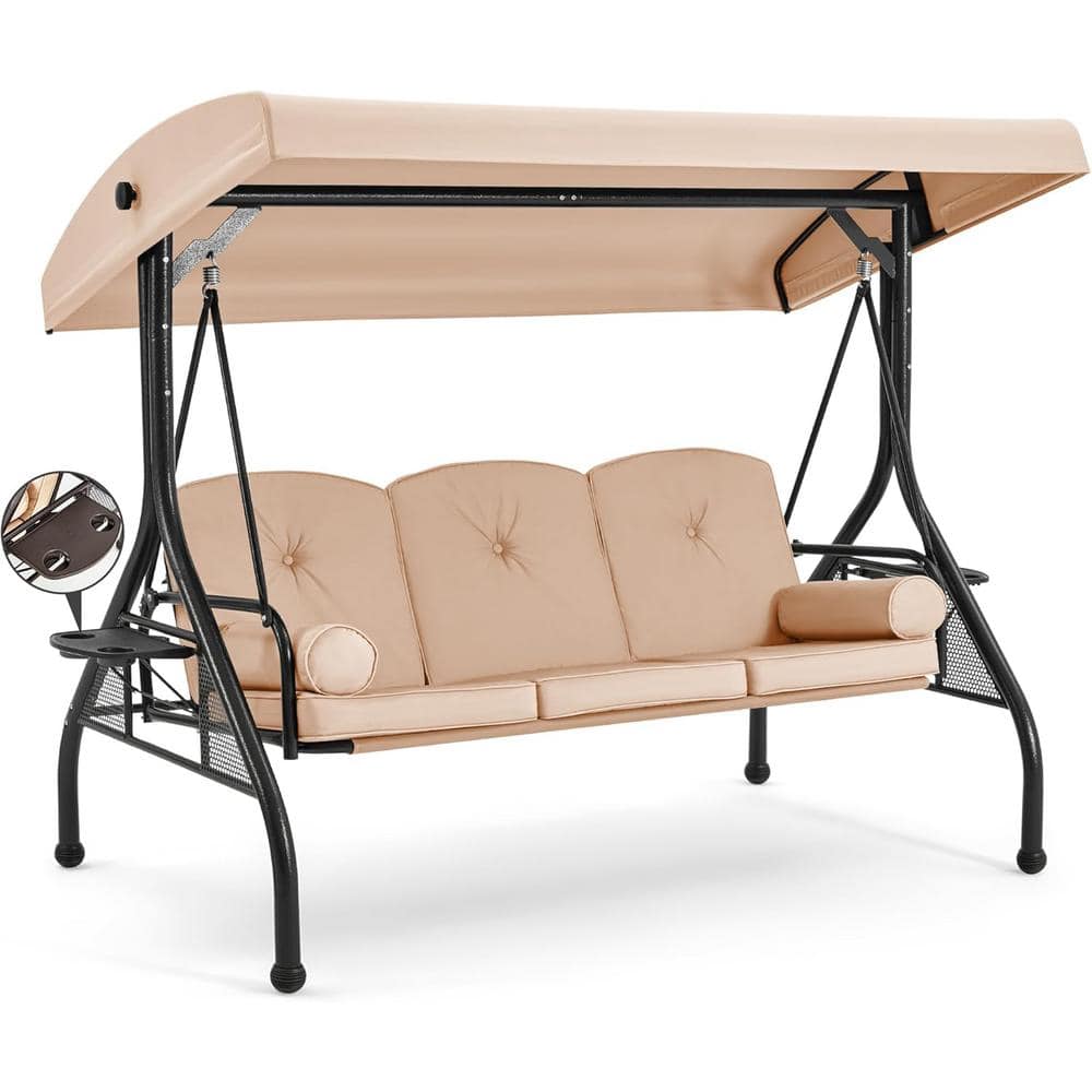 3-Person Outdoor Porch Metal Swing, Patio Swing with Adjustable Canopy, Upgraded Cup Holder and Beige Thicken Cushions price history on PriceWatchPro