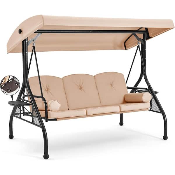 Unbranded 3-Person Outdoor Porch Metal Swing, Patio Swing with Adjustable Canopy, Upgraded Cup Holder and Beige Thicken Cushions