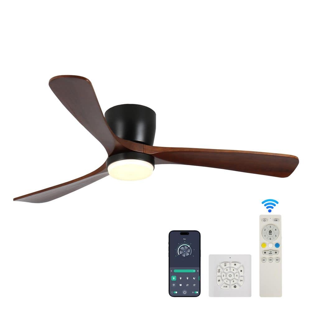 42 in. Black 3 Wood Blades Flush Mount Standard Outdoor Ceiling Fan with LED Light included APP and Remote Control price history on PriceWatchPro
