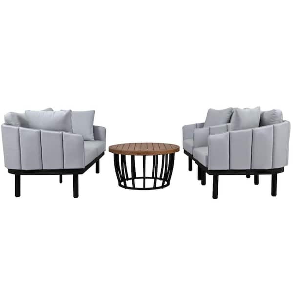 Zeus & Ruta Modern 4-Piece Iron Outdoor Frame Conversation Set, Patio Chat Set with Wood Round Coffee Table, Gray Cushions