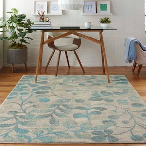 Tranquil Ivory/Turquoise 5 ft. x 7 ft. Floral Modern Area Rug