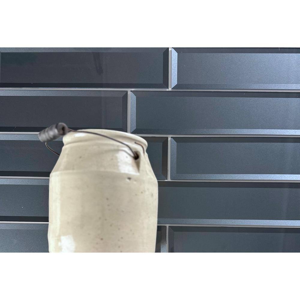 Secret Gray 4x16 Glossy Beveled Glass Subway Wall Tile