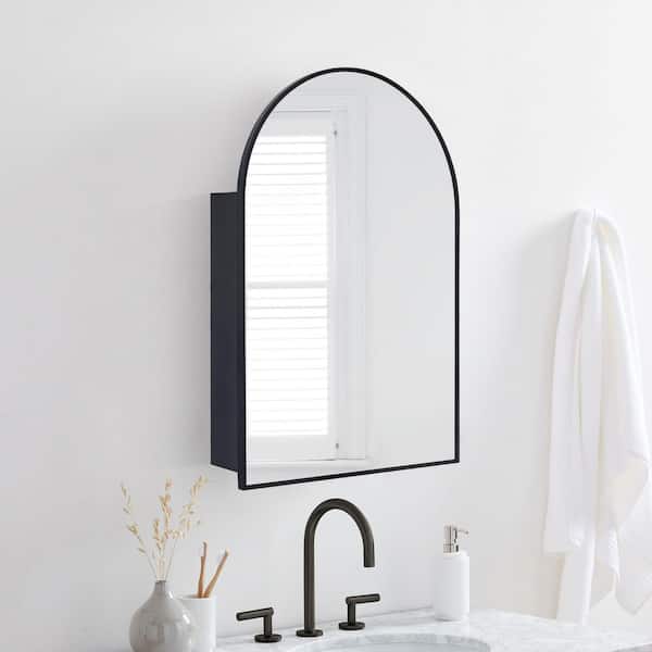 20 in. W x 30 in. H Arched Metal Framed Recessed and Surface Medicine Cabinet with Mirror in Matt Black