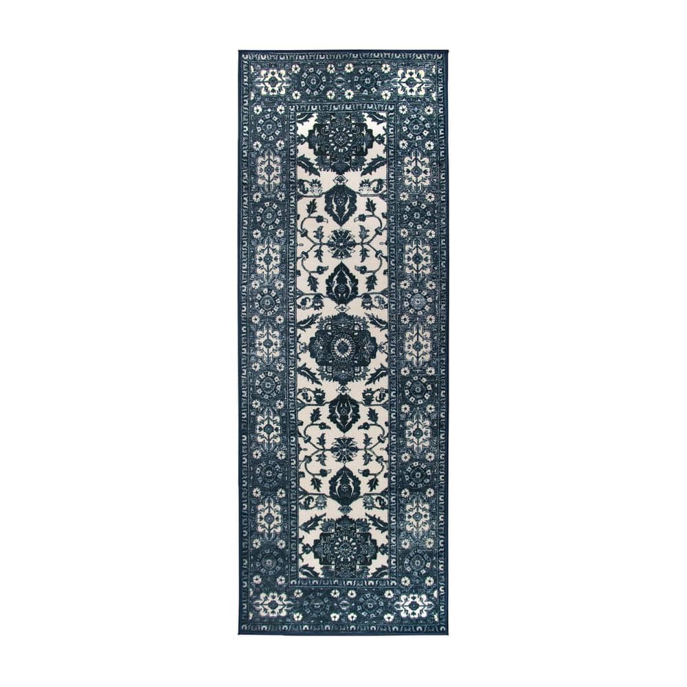 My Magic Carpet Ramage Blue Medallion 2.5 ft. x 7 ft. Washable Runner