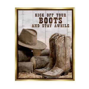 Kick Off Boots Stay Awhile Phrase Design by Kim Allen Floater Framed Typography Art Print 31 in. x 25 in.
