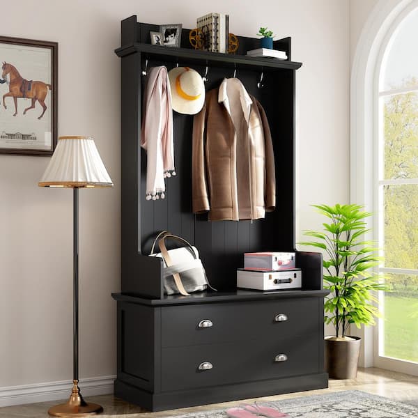 Harper & Bright Designs Vintage Style 38.5 in. W Black Hall Tree with 5 ...