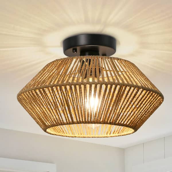 12.79 in. 1-Light Bohemian Black Canopy Rattan Semi Flush Mount Ceiling Light for Dining Room Kitchen Island Bedroom