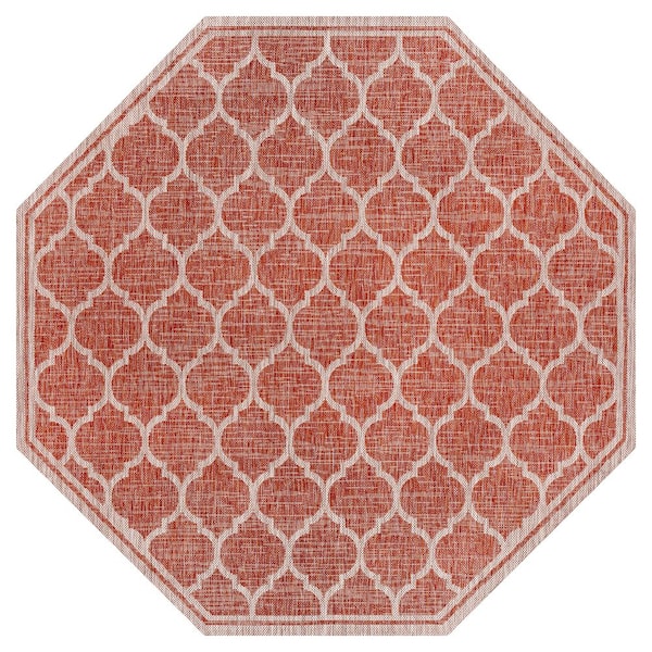 Trebol Moroccan Trellis Textured Weave Red/Beige 5 ft. Octagon Indoor/Outdoor Area Rug