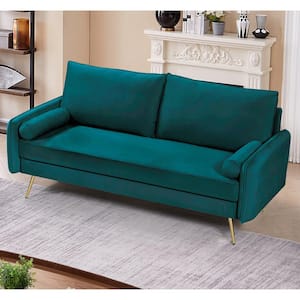Villeda 70 in. Square Arms Velvet Rectangle Sofa in Greenish Blue