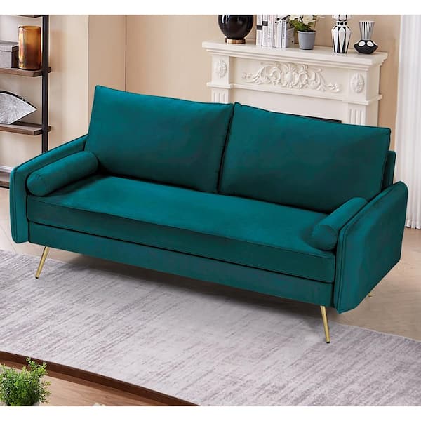 US Pride Furniture Villeda 70 in. Square Arms Velvet Rectangle Sofa in Greenish Blue