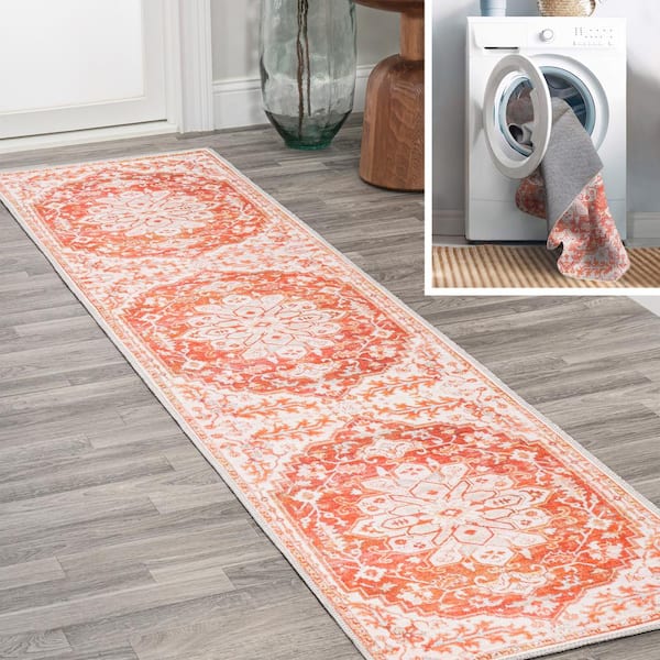 Asa Ornate Medallion Washable Orange/Cream 2 ft. x 10 ft. Runner Rug
