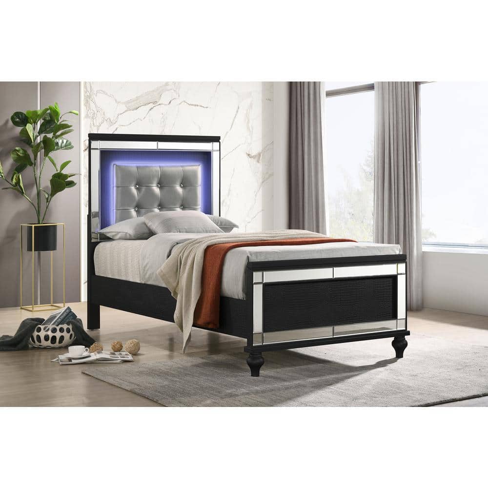 New Classic Furniture Valentino Black Solid Wood Frame Twin Panel Bed with Lighted Headboard 02