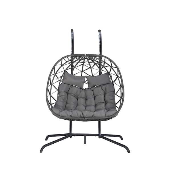 Sudzendf 2-Person Wicker Outdoor Patio Swing Hanging Egg Chair with Dark Gray Cushions