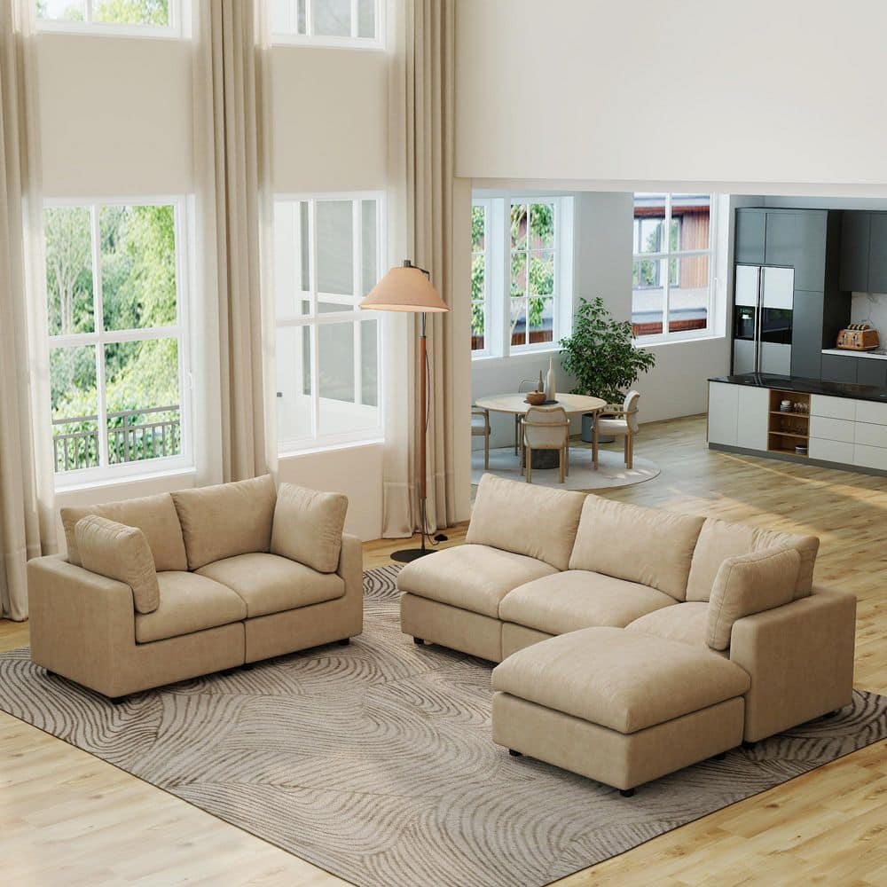 100 in. Square Arm 6-Piece Chenille L-Shaped Sectional Sofa Rearrangeable Solid Wood Cloud Couch in Khaki with Ottoman