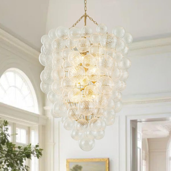 HUOKU Neuvy 12-Light 36.6 in. W Brass Chandelier with Swirled-Glass Orb Cluster Bubble Ribbed Glass Chandelier for Living Room