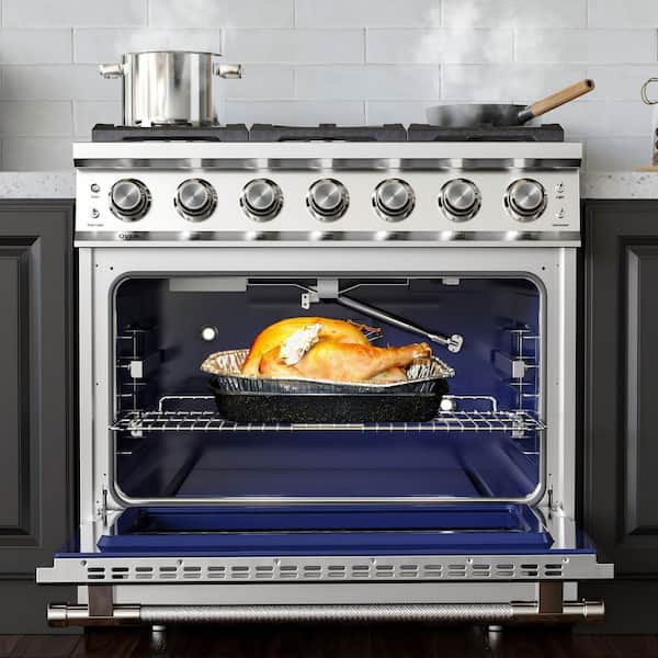 36 in. Slide-In Gas Range, 5.2 cu. ft. Convection Oven, 6 Sealed Burners, Convertible to Propane in Stainless Steel