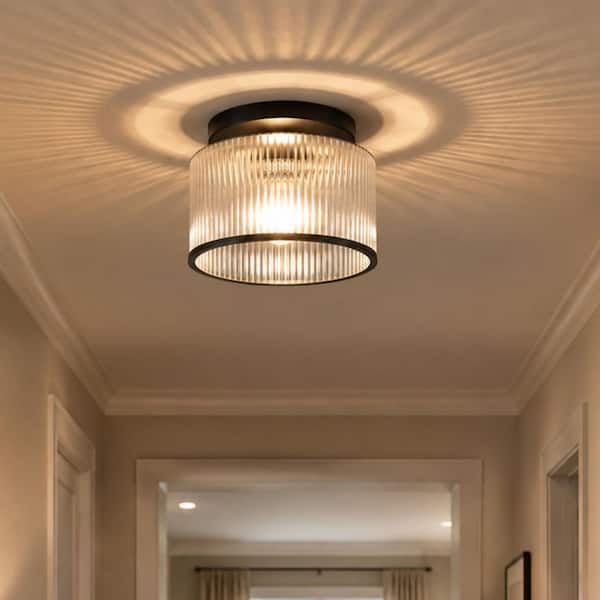 10 in. 1-Light Drum Matte Black Semi-Flush Mount Ceiling Light with Ribbed Glass Shade for Hallway Foyer
