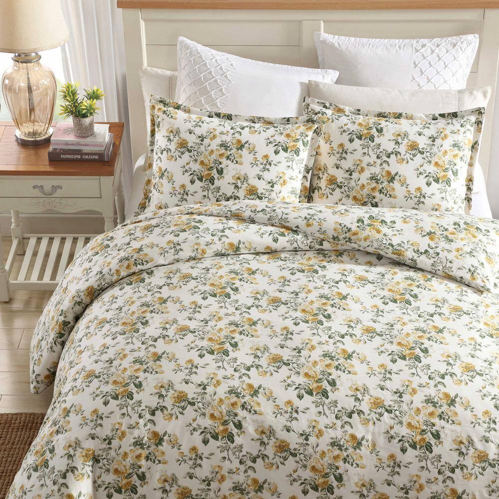 Gold and Green Cotton Floral Full/Queen Duvet Cover Set