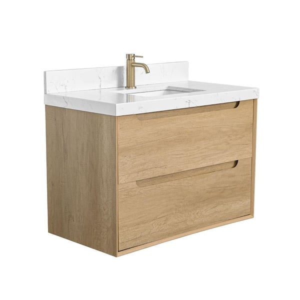 AuroraSky 36 in. Single Sink Floating Bath Vanity in Natural Oak with White Engineered Stone Top (Assembled)