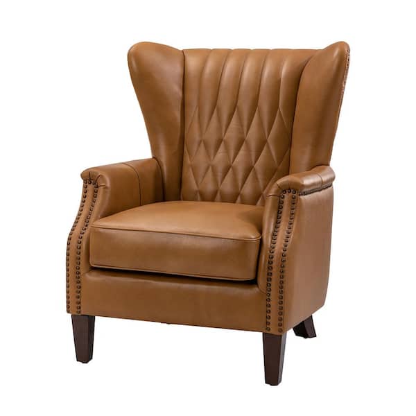 JAYDEN CREATION Valerius Camel Genuine Leather Armchair with Nailhead Trims and Solid Wood Legs