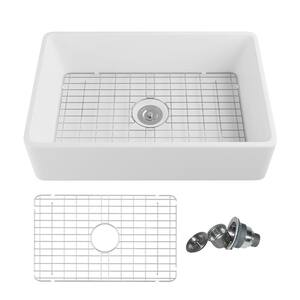 Feast White Ceramic 33 in. L Rectangular Single Bowl Farmhouse Apron Kitchen Sink with Grid and Strainer