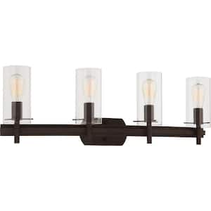 Regina 4-Light 8 in. Antique Bronze Indoor Bathroom Vanity Wall Sconce or Wall Mount with Clear Glass Cylinder Shades