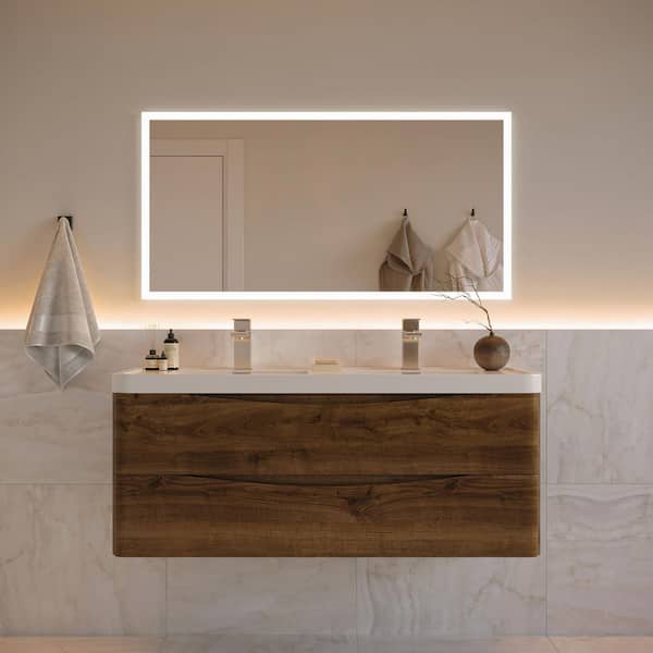 Tuscany 48 in. Modern Double Wall Hung Vanity in Rosewood with Vanity Top in White with White Basins