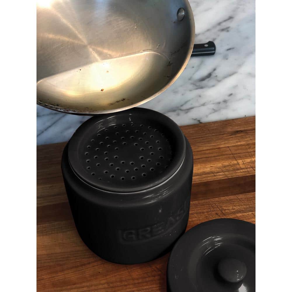 Matte Black Ceramic Grease Container with Lid, 32 oz